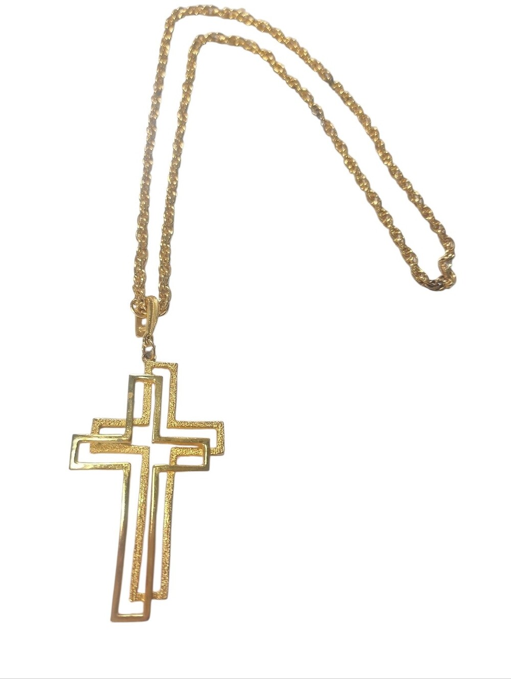 Gold Tone Textured Double Layer Open Outline Cross Pendant Rope Chain Necklace.